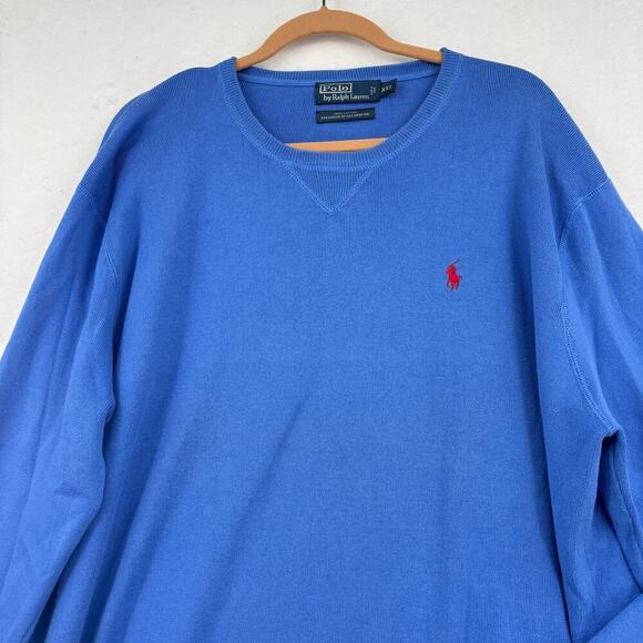 Polo Ralph Lauren Mens Sweater Size XXL Blue 100% Cotton Pullover Red Logo - Picture 2 of 10